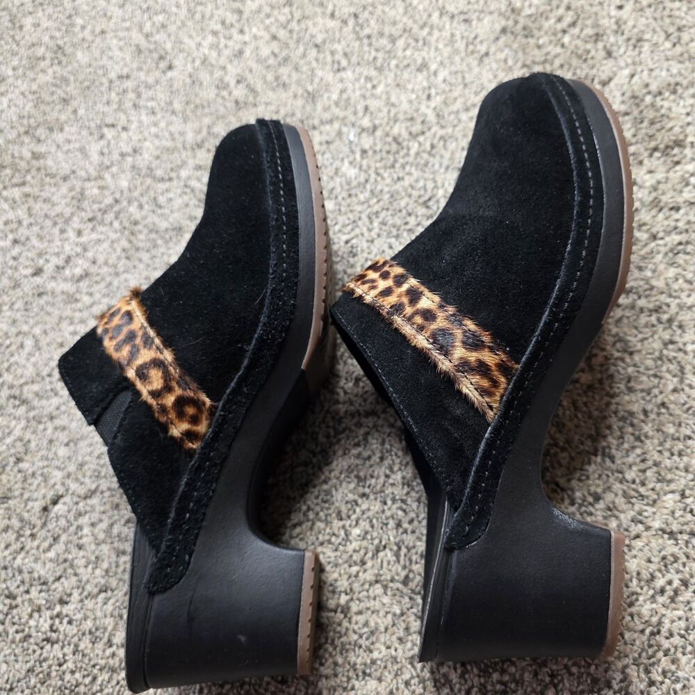 Crocs Mules Size 8 Black Leopard Animal Clog Suede Chunky Heel Mobwife - Picture 7 of 11